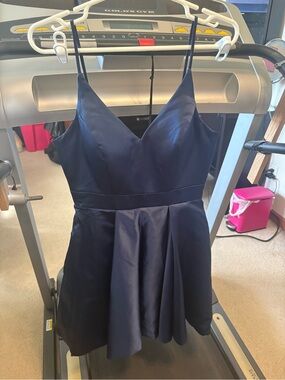 Navy Satin V-Neck Spaghetti Strap Skater Dress